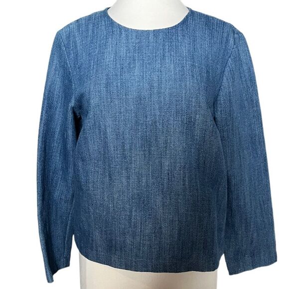 Zara woman Textured Blue Denim Cotton/Linen Crewneck Pullover Zip Back Blouse - Picture 1 of 7